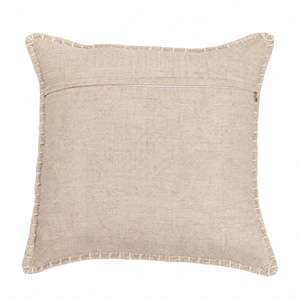A square beige linen throw pillow with decorative whipstitching around the edges.